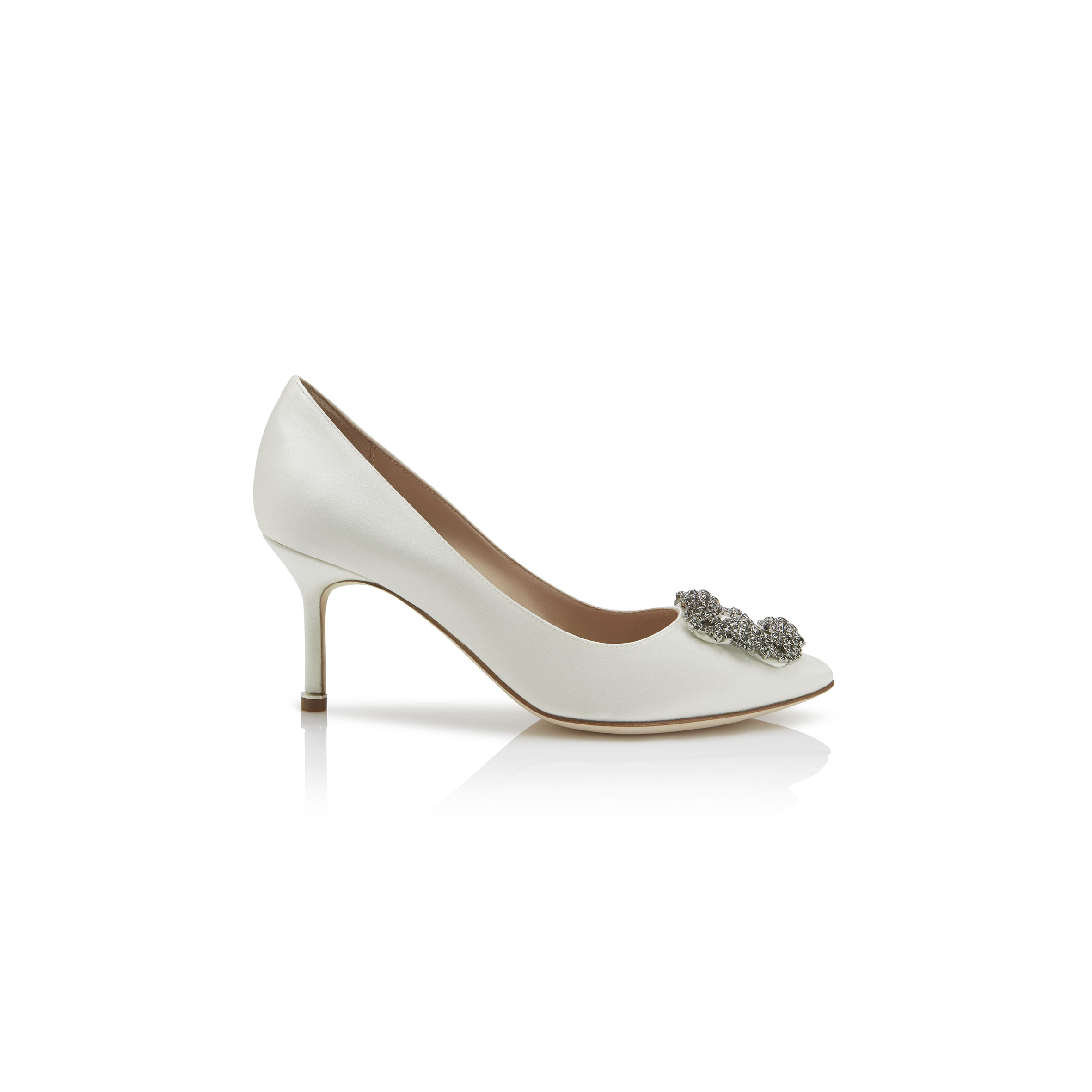 MANOLO BLAHNIK HANGISI 70 WHITE SATIN JEWEL BUCKLE PUMPS 9XX-0662-0039